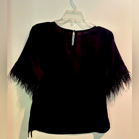 Vince Camuto Women’s Black Satin Blouse with Ostrich Feathers on Sleeves, Small - Picture 2 of 2